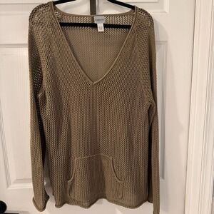 Chico's Sz 3 (XL) Brown Cotton‎ Open Knit Long Sleeve Pullover Pocket Sweater